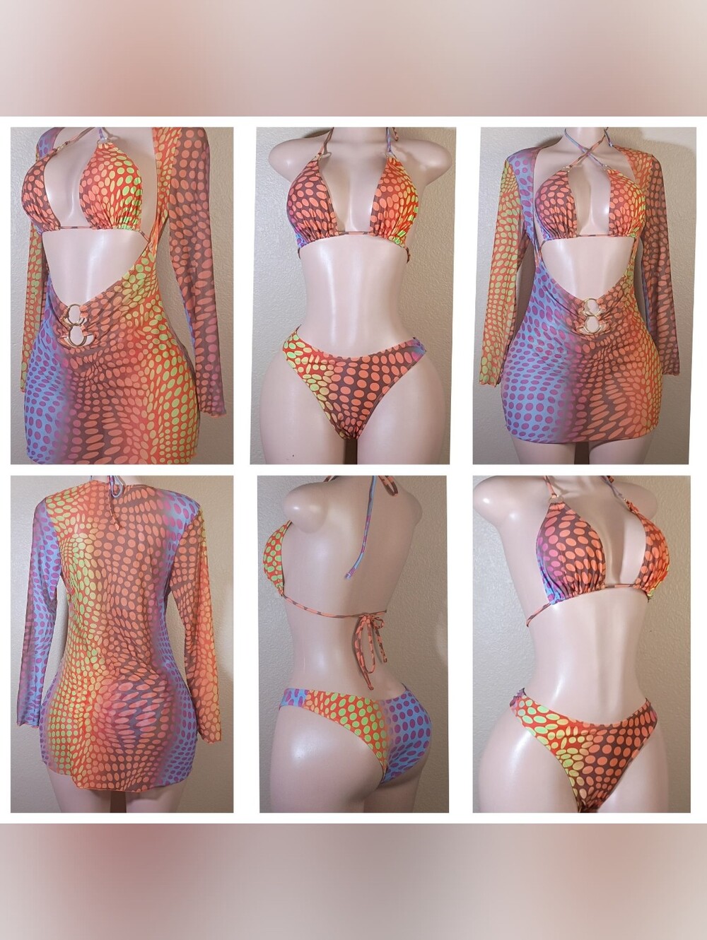 Women’s Multicolor Dot-Print Bikini Set with Sheer Cover-Up